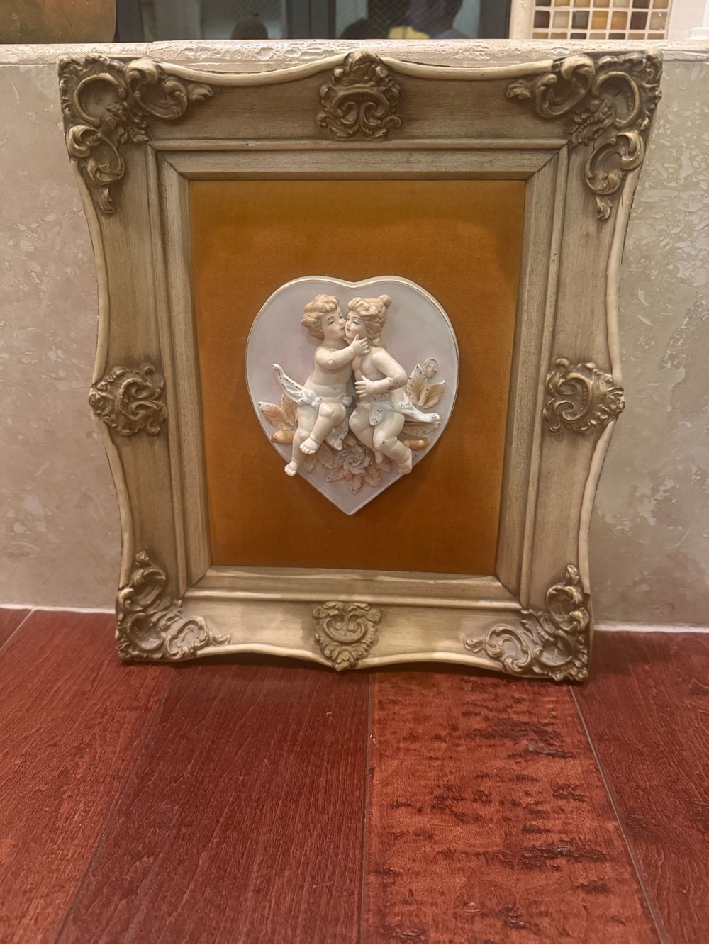 VTG Porcelain Bisque Heart Sculpture Wall Hanging on Velvet 2 Angels Framed 3D